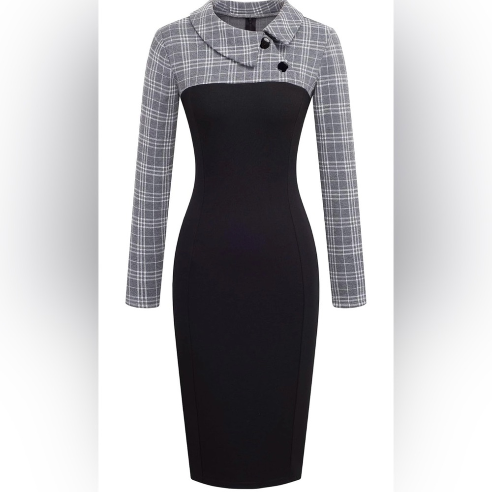 Retro Chic Colorblock Lapel Knee Length Dress - S